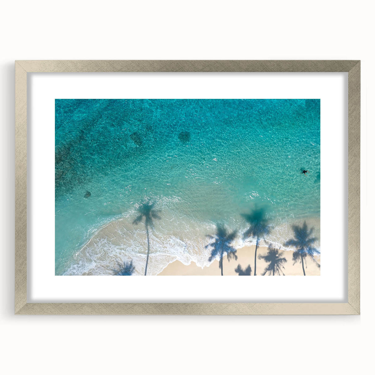 Textured art print of an abstract scenery in muted earth tones, framed in silver, ideal for bedroom wall decor.