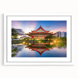 Abstract art print of a Taiwanese landscape in muted earth tones, framed with a white mat.