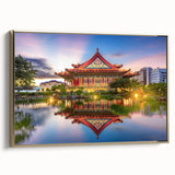 Framed canvas landscape painting of Taiwan's scenery in muted gold and black tones, suitable for bedroom wall art.