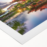 Art deco poster of a Taiwan scenery in muted green and brown tones on rolled canvas, suitable for dining room decor.