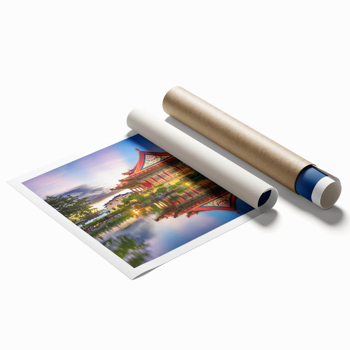 Extra large rolled print of a serene Taiwanese landscape with lush florals in soft green and blue tones.