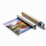 Extra large rolled print of a serene Taiwanese landscape with lush florals in soft green and blue tones.