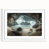 Abstract art print of a serene Thai landscape in muted green and blue tones, framed with a white mat.