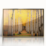 Large art print of a Yukon, Canada scenery in mid-century modernist style, framed in gold acrylic.