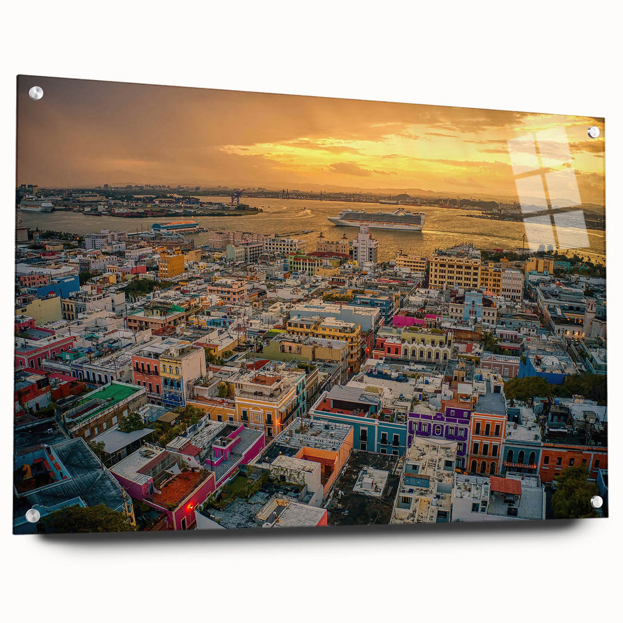 Large abstract wall art of a Caribbean scenery in vibrant blue and green tones on acrylic glass.