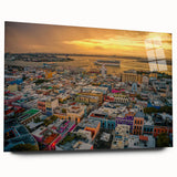 Acrylic print of a large abstract depiction of the Caribbean in vibrant blue and green shades.