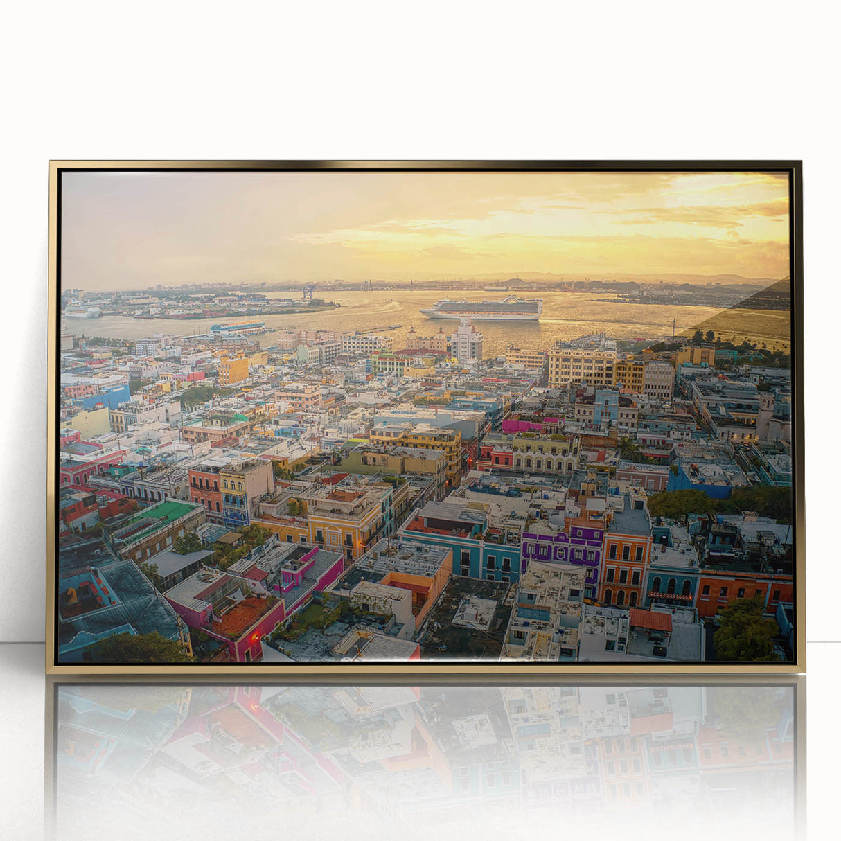 Acrylic print of a Puerto Rican Caribbean scenery in art deco style, framed in gold, suitable for modern art wall decor.