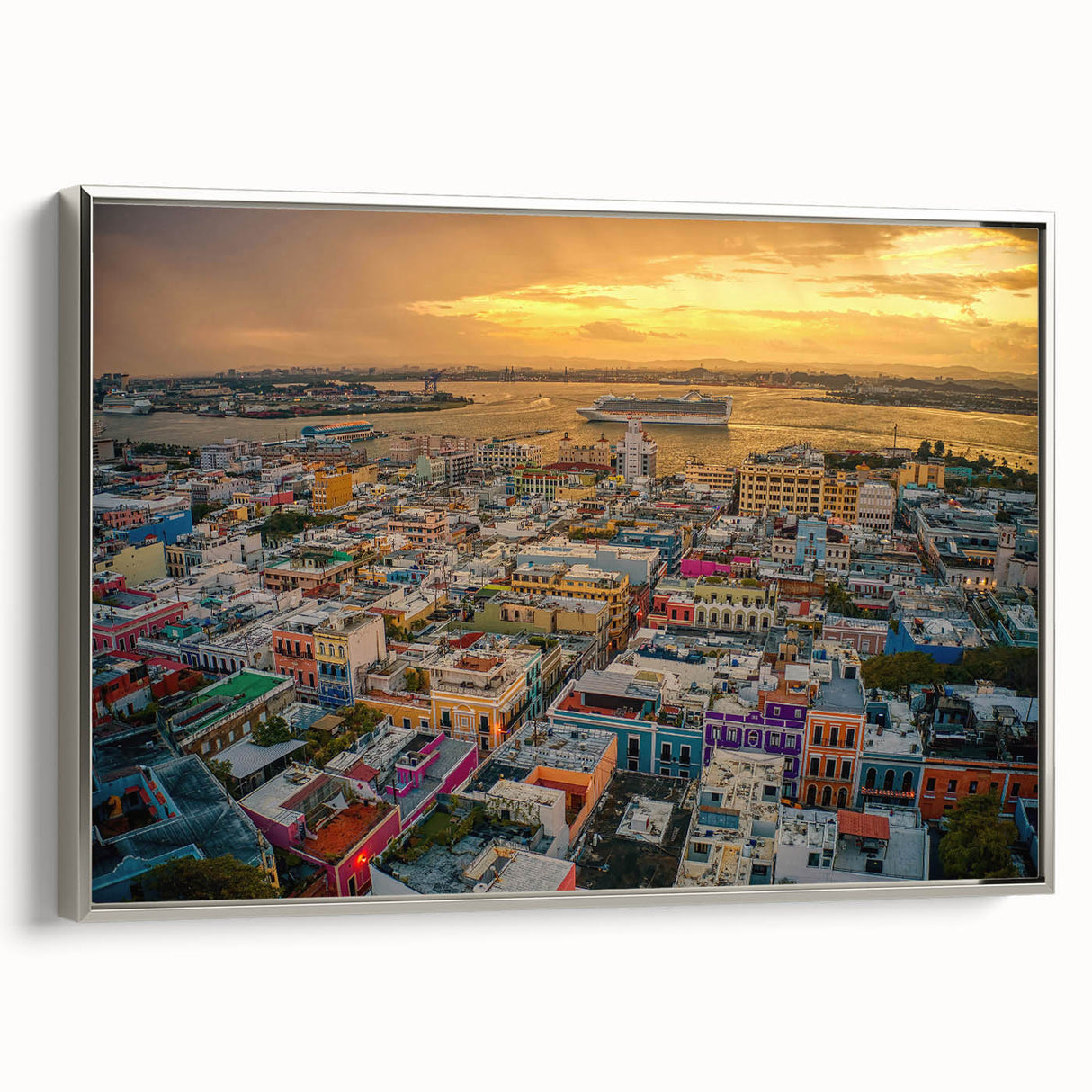 Landscape art painting of a Caribbean scenery on a framed canvas, featuring vibrant blue and green tones.