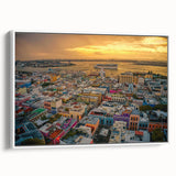 Vintage poster art of a Caribbean scenery on a framed canvas, vibrant colors, ideal for living room decor.