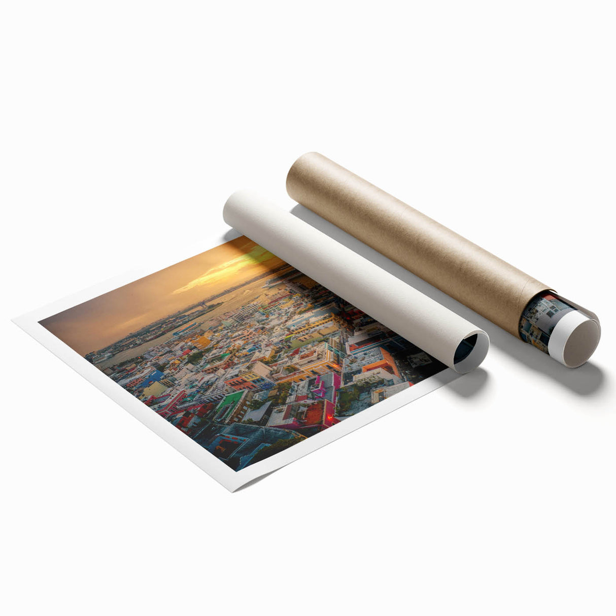 Extra large rolled print of a Puerto Rican coastal scene with lush floral elements in vibrant colors.