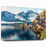 Large abstract wall art depicting a European scenery on acrylic glass, with muted earth tones, ideal for dining room decor.