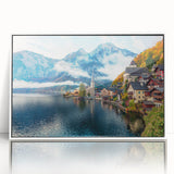 Large art print of a European Austrian landscape in muted greens and blues, acrylic framed.