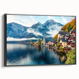 Black and white landscape art painting of Austrian scenery on framed canvas, suitable for bedroom decor.