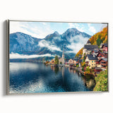 Framed canvas featuring a vintage-style landscape painting of an Austrian scenery in muted earth tones.