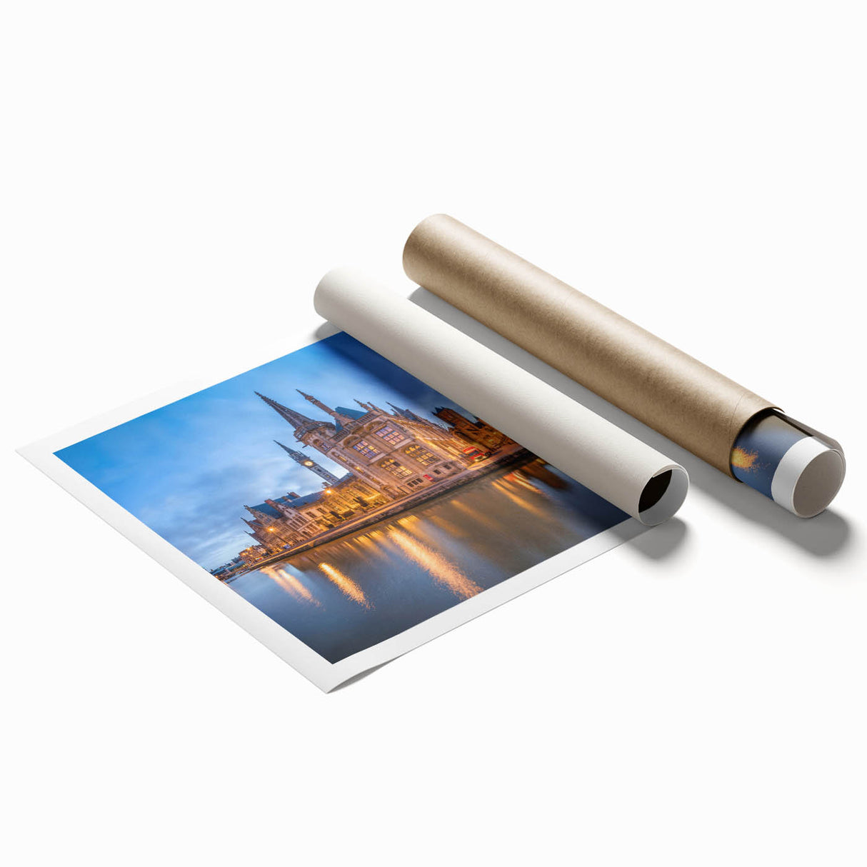 Extra large rolled print of a Belgian landscape with vibrant floral elements, ideal for classy bathroom decor.