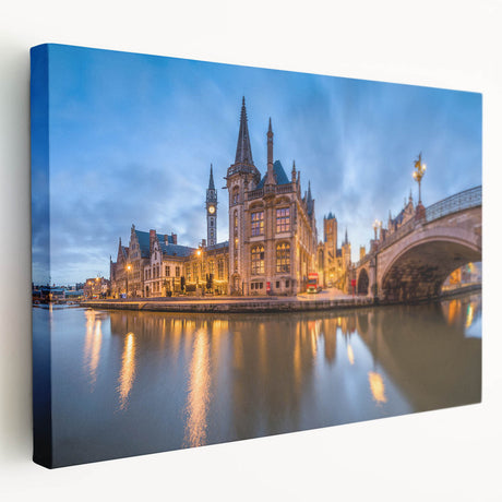 European countryside landscape on large stretched canvas, featuring soft green and blue tones, ideal for kitchen wall art.