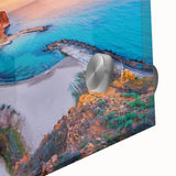 Large abstract wall art featuring a mid-century modernist design of a European scenery in muted earth tones.