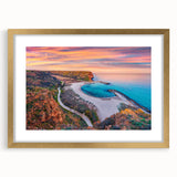 Abstract art print depicting a European landscape in muted earth tones on a framed canvas, suitable for dining room decor.