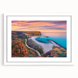 Textured abstract art print of a European landscape in soft blue and green tones, framed with a white mat.