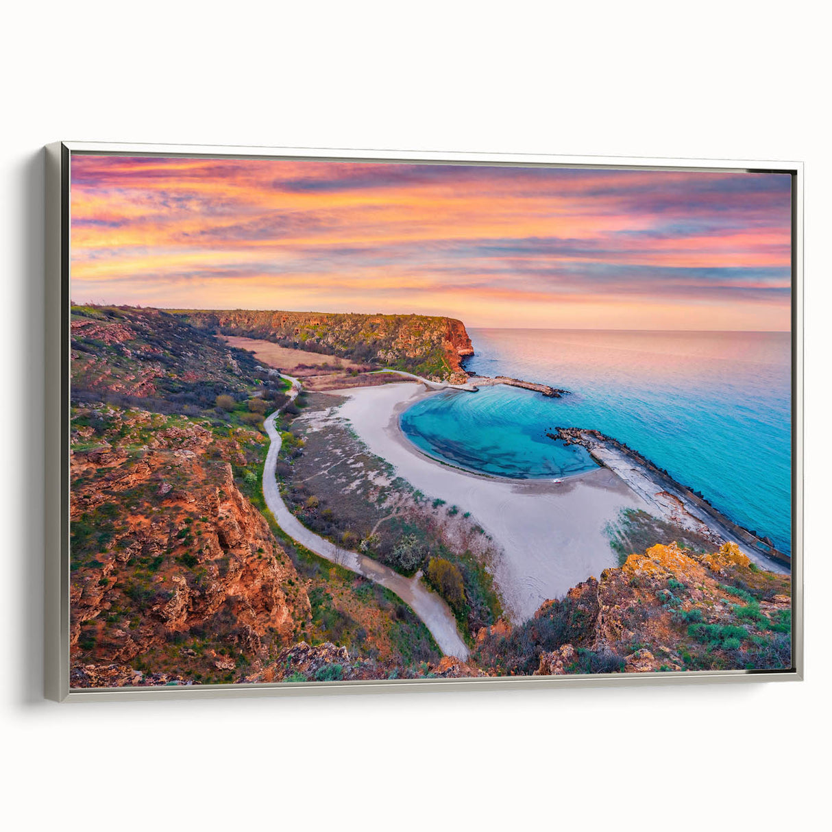 Landscape art painting of a Bulgarian scenery on silver-framed canvas, featuring vibrant greens and blues.