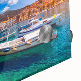 Large abstract wall art featuring a Croatian landscape in muted earth tones on acrylic glass, ideal for dining room decor.