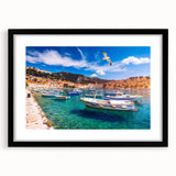 Extra large abstract art print of a colorful Croatian landscape, textured on a black framed mat, ideal for living room decor.