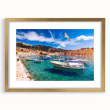 Abstract art print of a Croatian landscape in muted earth tones, framed in gold, suitable for dining room decor.