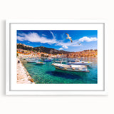 Textured abstract art print of a European Croatian scenery in a white frame, ideal for bedroom art.