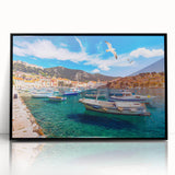 Large abstract wall art depicting a European Croatian landscape in muted earth tones, framed in black acrylic.