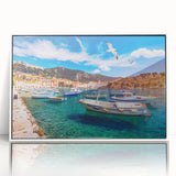 Mid-century modernist art depicting a European Croatian landscape in muted earth tones on a framed acrylic.