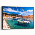 Black and white framed canvas of a Croatian landscape, featuring vintage poster art style, ideal for bedroom wall decor.