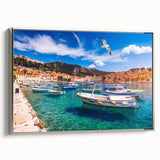 Landscape painting of a Croatian coastal scene on a framed canvas, featuring vivid blue and green tones.