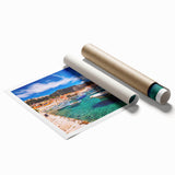 Extra large rolled print of a Croatian landscape with muted green and blue tones, ideal for classy bathroom wall art.