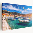 Scenic Croatian landscape on stretched canvas, featuring vivid blue and green tones, ideal for kitchen wall art.