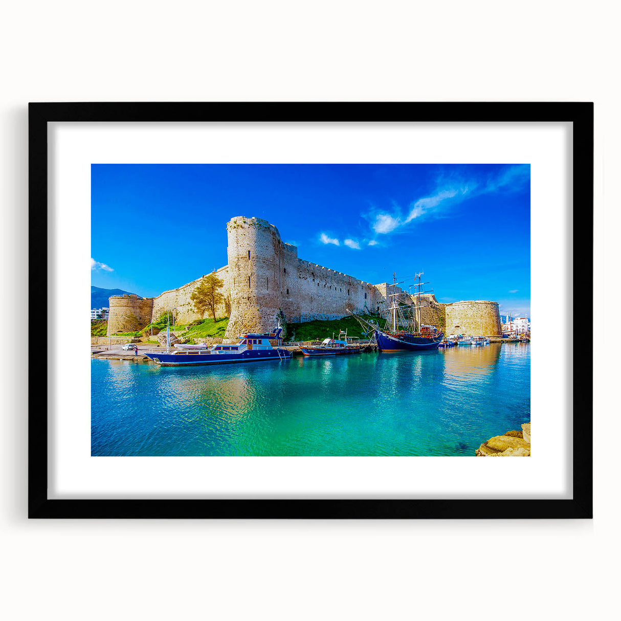 Extra large abstract art print of colorful, textured European scenery on a black framed canvas, ideal for living room decor.