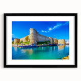 Extra large abstract art print of colorful, textured European scenery on a black framed canvas, ideal for living room decor.