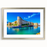 Extra large abstract art print of a European landscape in textured silver frame, ideal for living room decor.