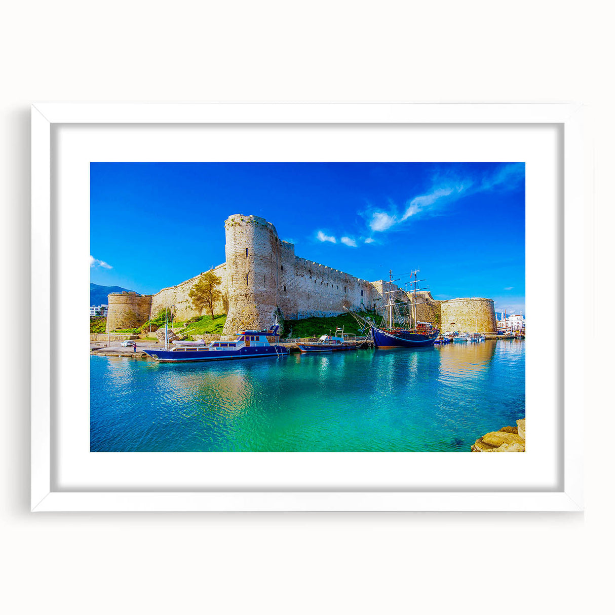 Textured art featuring abstract scenery of Cyprus in muted earth tones on a framed white mat, suitable for bedroom decor.