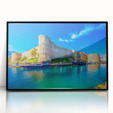 Large abstract wall art of a European Cyprus landscape in muted earth tones on a framed acrylic.