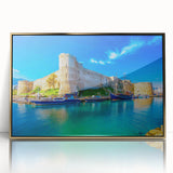 Art Deco-style poster featuring a European Cyprus landscape in muted gold and blue tones, acrylic framed.