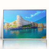 Mid-century modernist acrylic print of a European Cyprus landscape in muted earth tones, ideal for nursery wall decor.