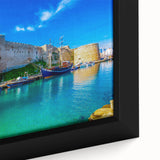 Extra large framed canvas featuring a textured depiction of a European Cyprus landscape in black with colorful accents.