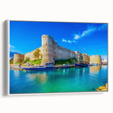 Vintage poster art of a scenic Cyprus landscape in vibrant colors on a large framed canvas, ideal for living room decor.