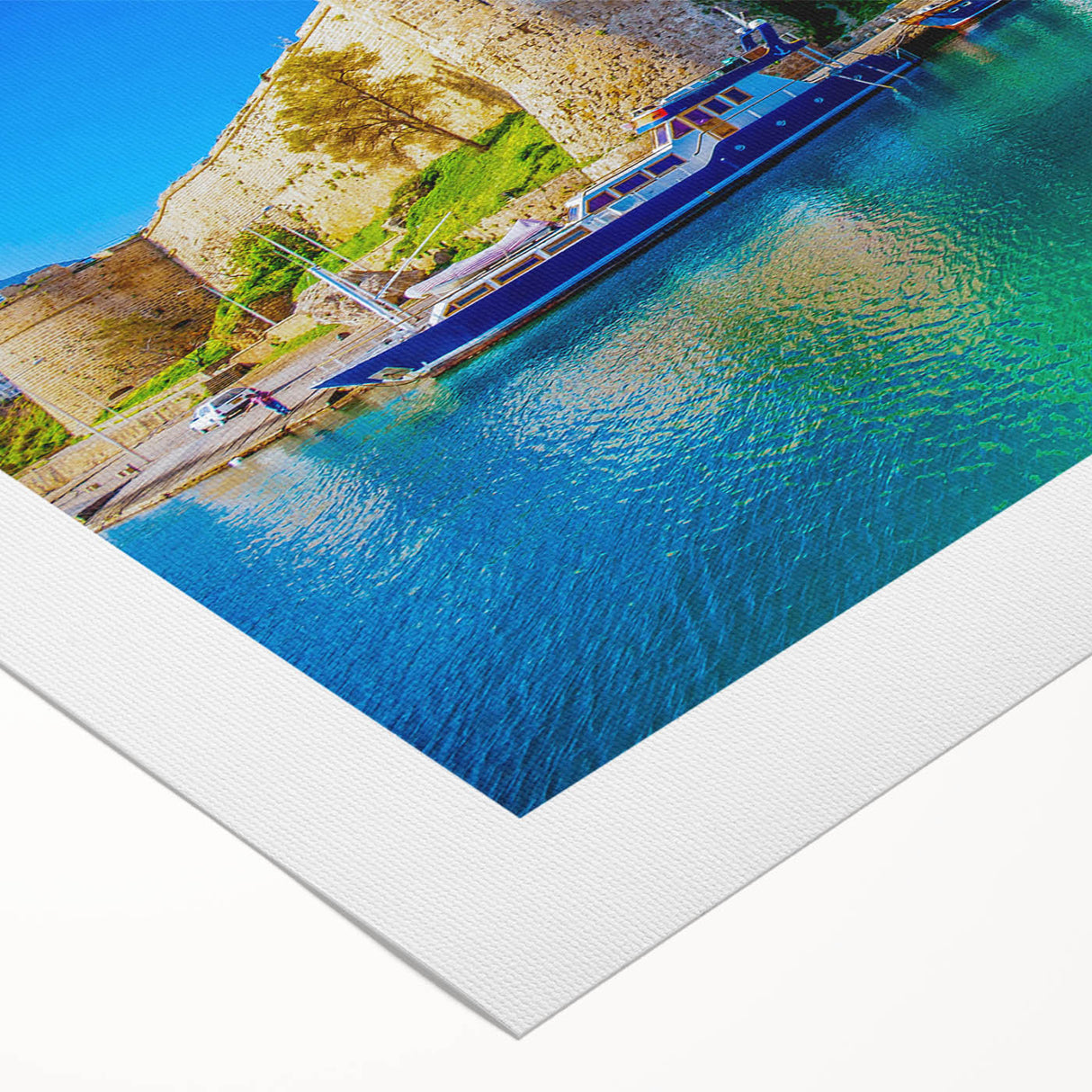 Art deco poster featuring a vibrant European Cyprus landscape on rolled canvas, ideal for dining room wall art.