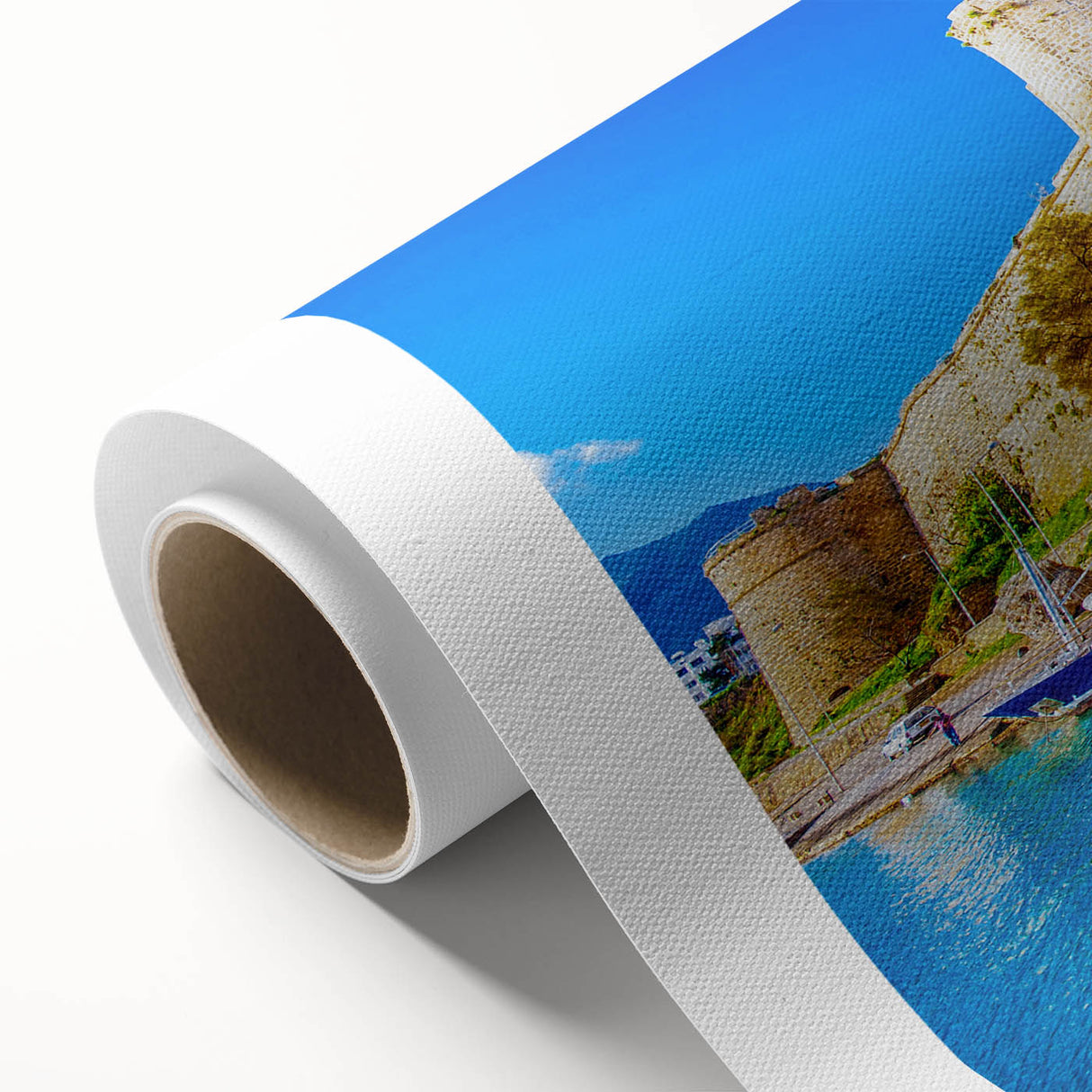 Art deco style poster of a European Cyprus landscape on rolled canvas, suitable as nursery wall art or dining room decor.