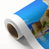 Art deco style poster of a European Cyprus landscape on rolled canvas, suitable as nursery wall art or dining room decor.