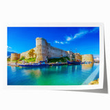 Rolled print featuring a European Cyprus landscape with floral elements in vibrant green and blue tones.