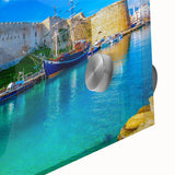 Large abstract wall art depicting a European Cyprus scene in mid-century modernist style on acrylic glass.