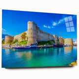 Acrylic glass print of a large abstract design in blue and green shades, suitable for bedroom or dining room art.