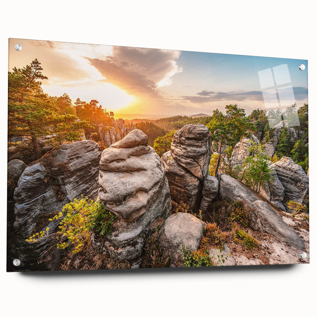 Acrylic print of a Czech Republic landscape in muted earth tones, ideal for dining room decor.
